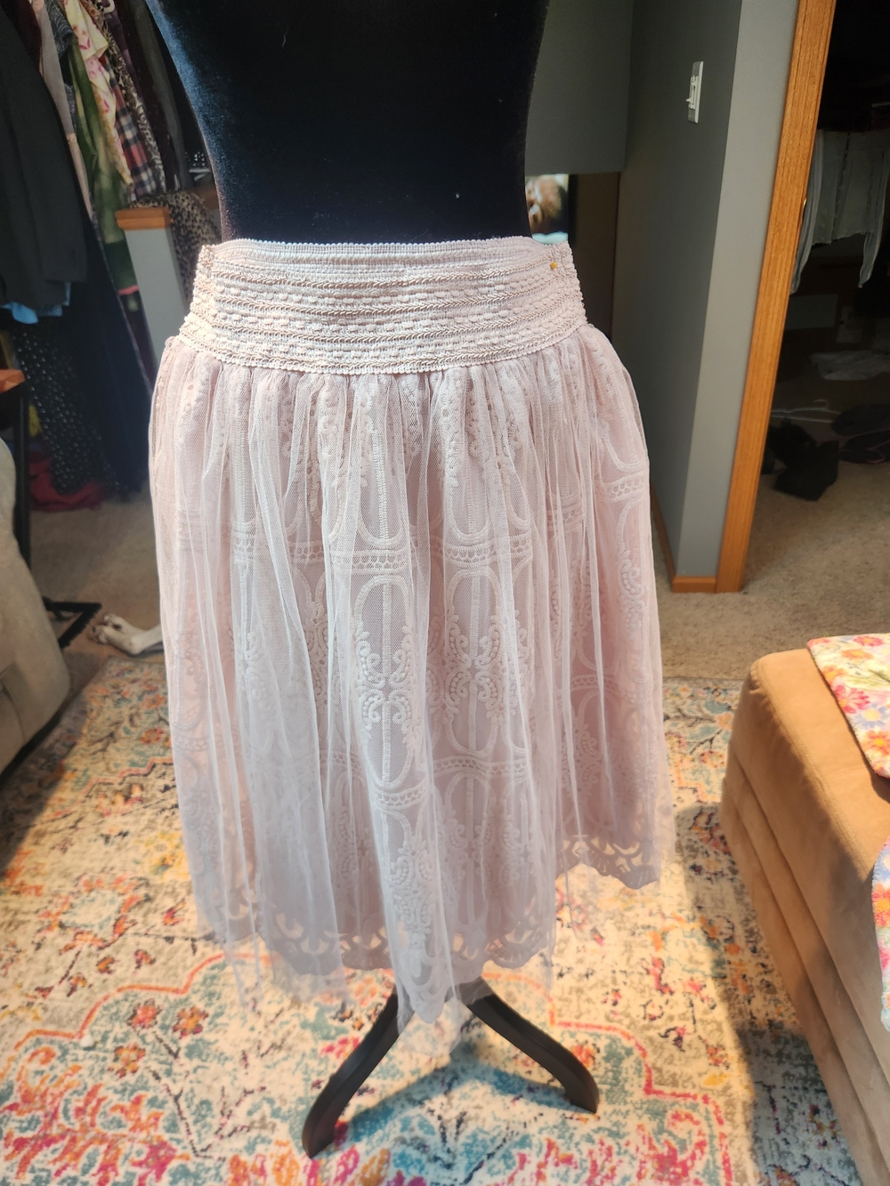 Alya Women's Pink Lace & Tulle Midi Skirt - Soft Blush Elastic Waist Small Med